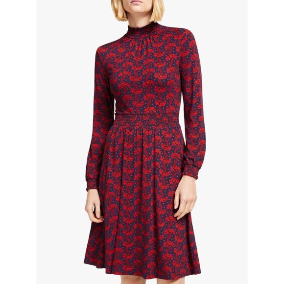 Boden Red Blue Alice Floral High Neck Long Sleeve Jersey Midi Dress Size 14L - Picture 1 of 14